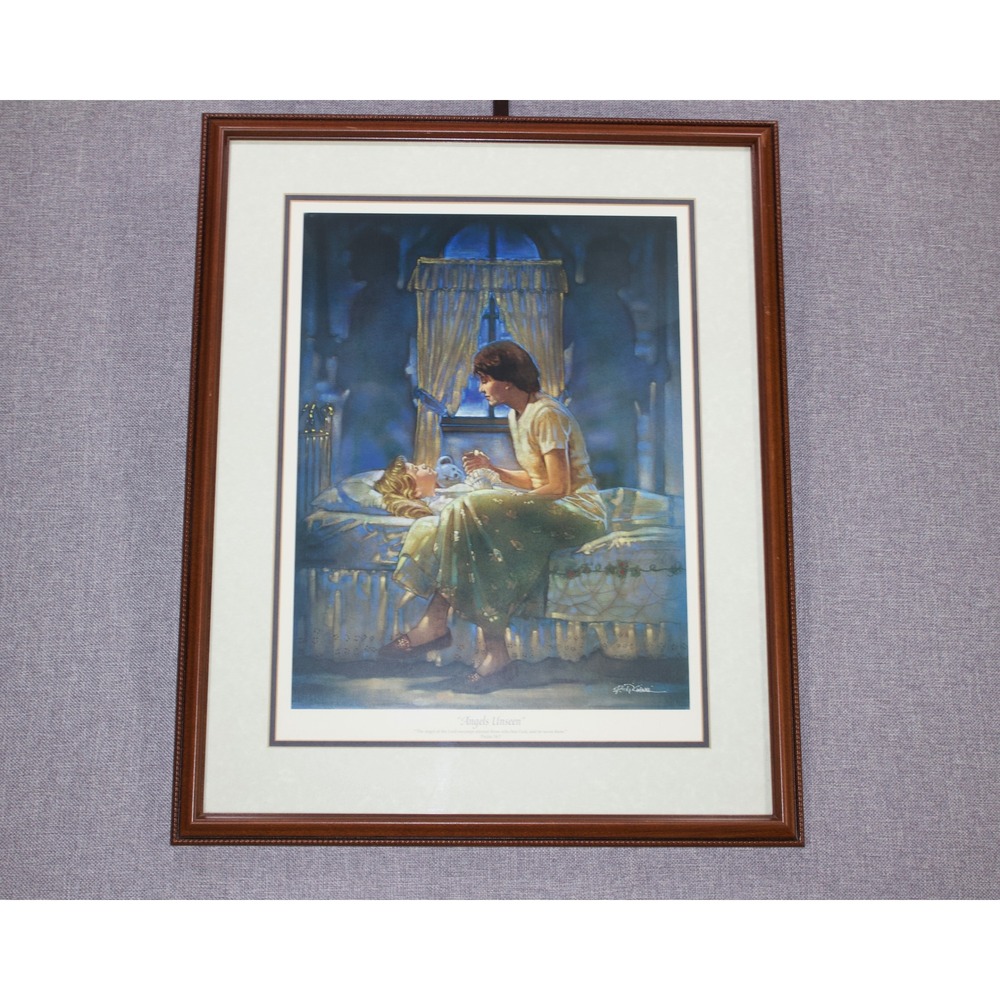 R.J. Giannini Angels Unseen Framed Art Print Psalm 34:7 Mother Child Brown 20x26